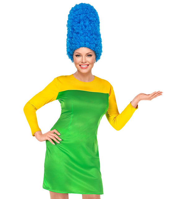 Simpson jurkje Marge met pruik, blauwe comics cartoon kostuum dames vooraanzicht