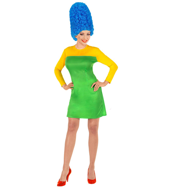 Comics girl jurk met blauwe pruik, cartoon verkleedset dames detail