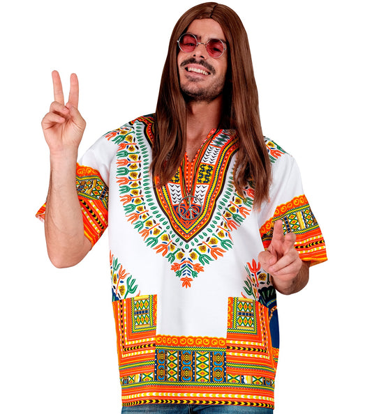 Afrikaans Dashiki shirt Jimmy - wit oranje traditioneel verkleedhemd heren