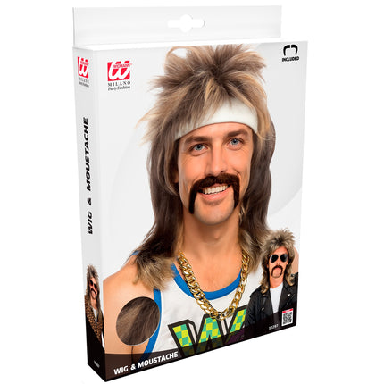Verpakking van de blonde matjespruik met snor van Widmann, met foto van de look
