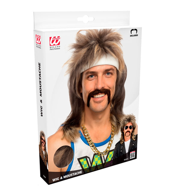Verpakking van de blonde matjespruik met snor van Widmann, met foto van de look