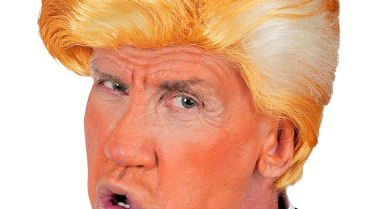 Pruik Mr. President voor heren, korte oranjeblonde pruik met hoge kuif, gedragen bij pak en rode stropdas
