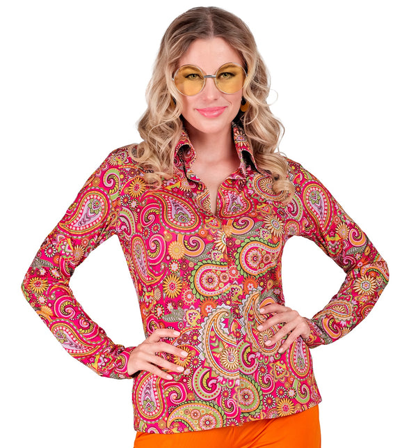 Jaren 70 shirt paisley dames - kleurrijke hippie discoblouse met paisleyprint