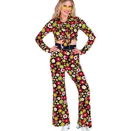 Flowers broek dames gedragen - jaren 70 flower power discobroek retro