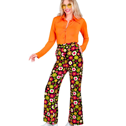 Jaren 70 flowers broek dames detail - kleurrijke hippie discobroek seventies