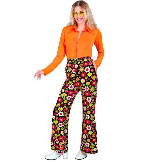 Jaren 70 flowers broek dames detail - kleurrijke hippie discobroek seventies