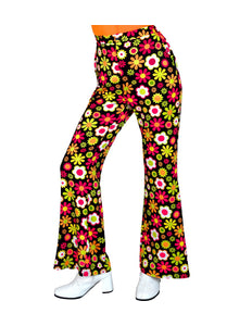 Jaren 70 broek flowers dames - kleurrijke hippie discobroek met bloemenmotief