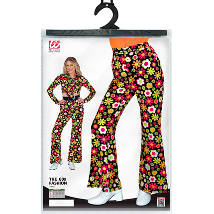 Jaren 70 broek flowers achterkant - kleurrijke hippie discobroek dames
