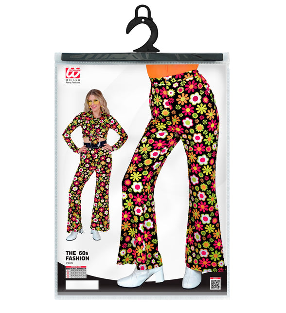 Jaren 70 broek flowers achterkant - kleurrijke hippie discobroek dames