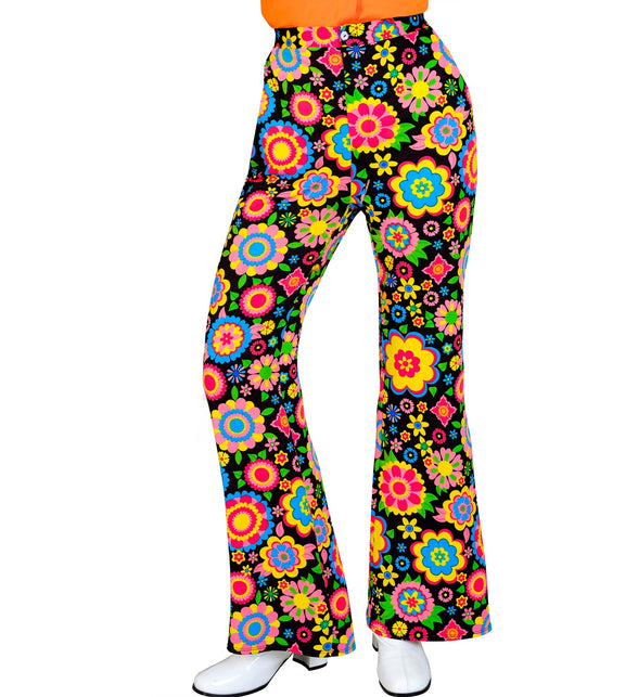 Jaren 70 broek bloemenfeest dames - kleurrijke hippie discobroek met bloemenprint