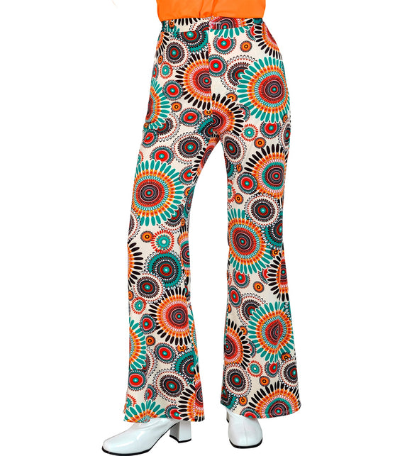 Jaren 70 broek vintage dames - kleurrijke retro hippie discobroek met vintage print
