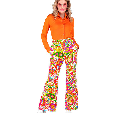 Peace paisley broek dames gedragen - hippie discobroek retro sixties