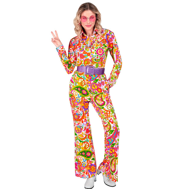 Peace party broek dames detail - jaren 70 paisley flower power discobroek