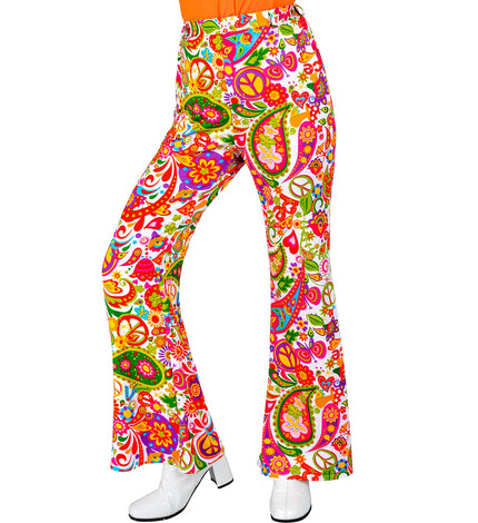 Jaren 70 broek peace party dames - paisley hippie discobroek met peace motief