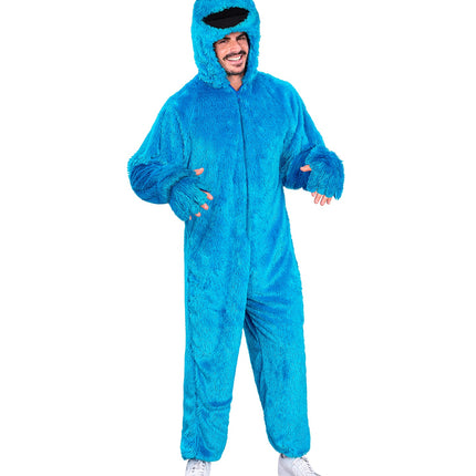 Blauwe monster jumpsuit heren met capuchon, wiebelogen en pootvormige handdelen