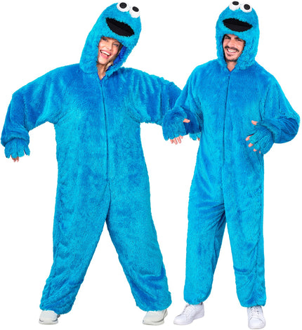 Snoep monster jumpsuit voor volwassenen in blauw pluche, gedragen door dame en heer met capuchon op