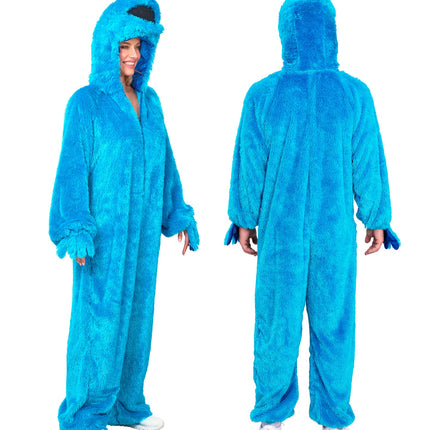 Monster jumpsuit voor- en achteraanzicht, capuchon met zwarte mond en witte ogen