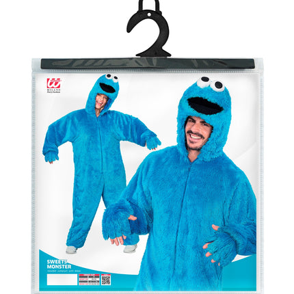 Verpakking van de snoep monster jumpsuit met capuchon en masker, maten M tot XL