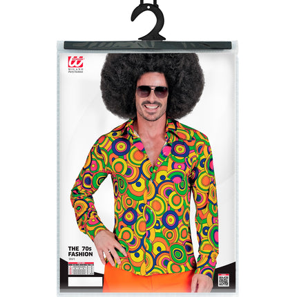 Jaren 70 groovy cirkels shirt heren achterkant - geel hippie discoshirt retro