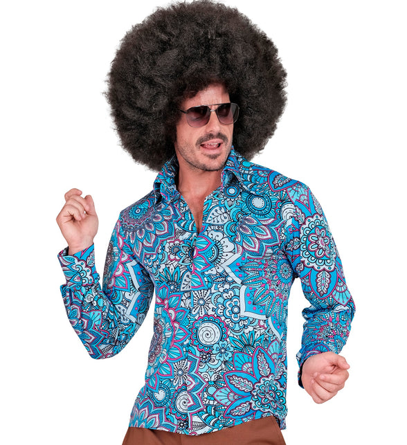 Jaren 70 shirt mandala blauw heren - blauw hippie discoshirt met mandalaprint
