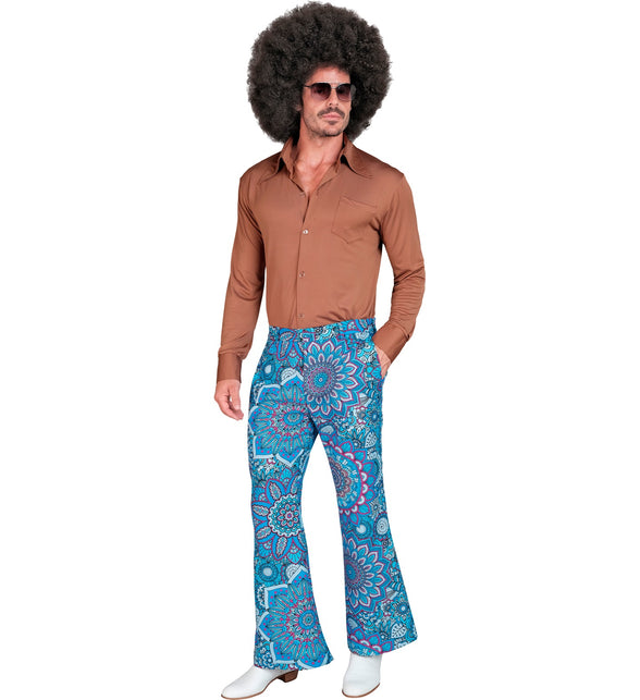 Jaren 70 mandala broek blauw detail - hippie discobroek heren seventies