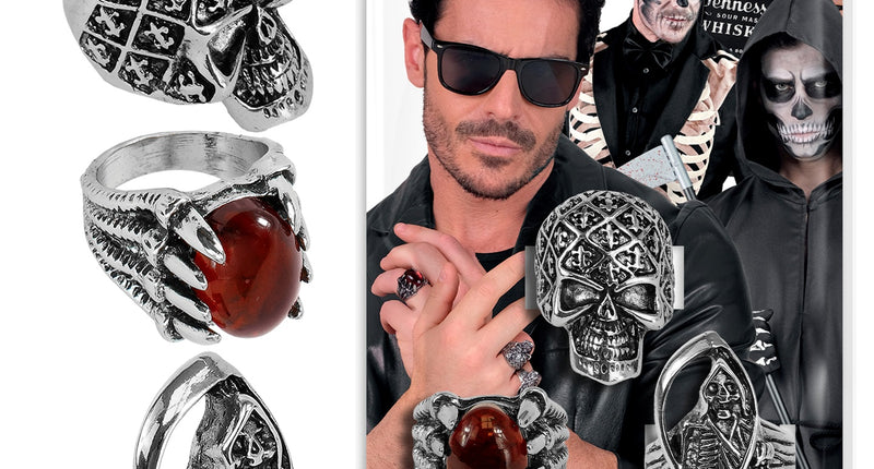 Ringen Halloween heren zilverkleurig, set van 3 stijlen met doodskop, klauw en zeis in verpakking