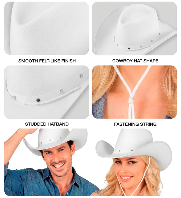 Detailcollage witte cowboyhoed: gladde viltlook, studs op de band en wit stormkoord