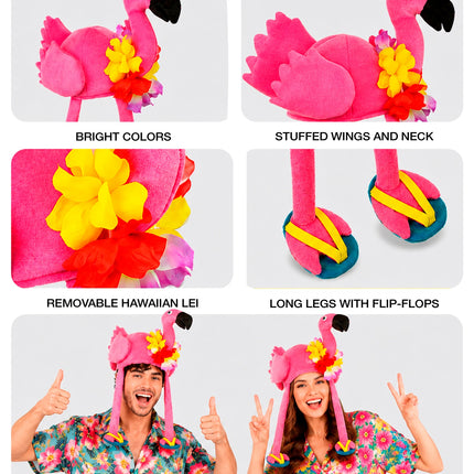 Flamingo hoed hawaii detailcollage met vleugels, afneembare bloemenkrans en slippers aan de poten