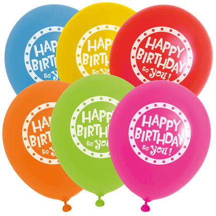 12 ballonnen Happy birthday to you in blauw, geel, rood, oranje, groen en roze met witte stippenring voor een verjaardag