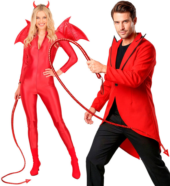 Duivel zweep staart rood gedragen door dame en heer in rode duivelsoutfit voor Halloween