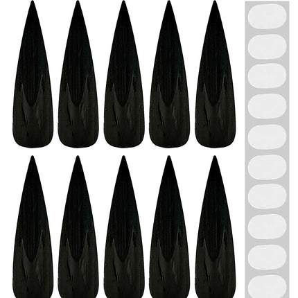 Tien losse zwarte plaknagels met lange stiletto-punt en zelfklevende pads voor een heksenlook