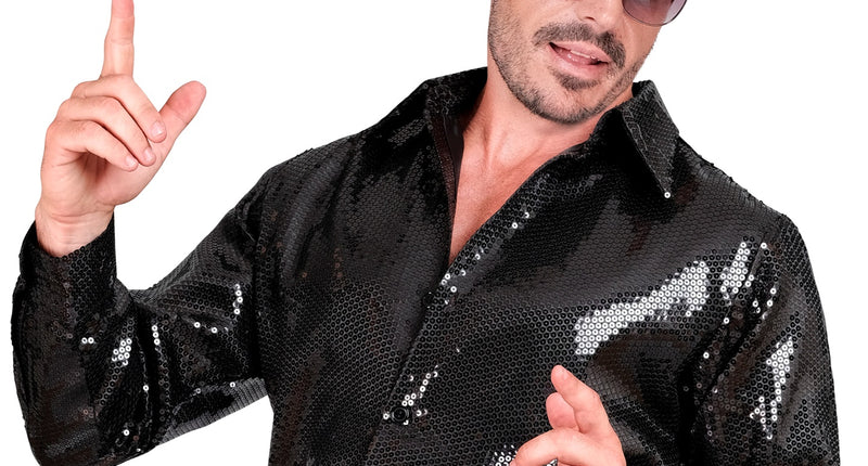 Paillettenshirt heren Marco zwart - zwart glitter discoshirt met pailletten