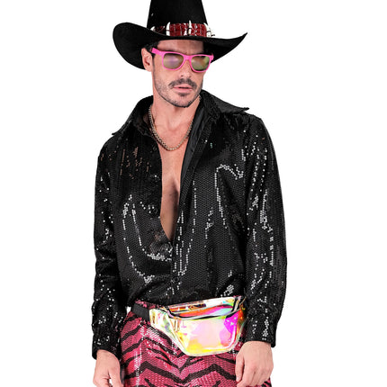Zwart paillettenshirt Marco heren detail - glinsterend discoshirt glitter