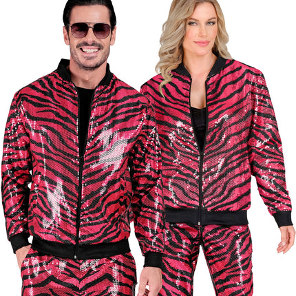 Roze zebra glitter bomberjack - gestreepte pailletten jas unisex foute party