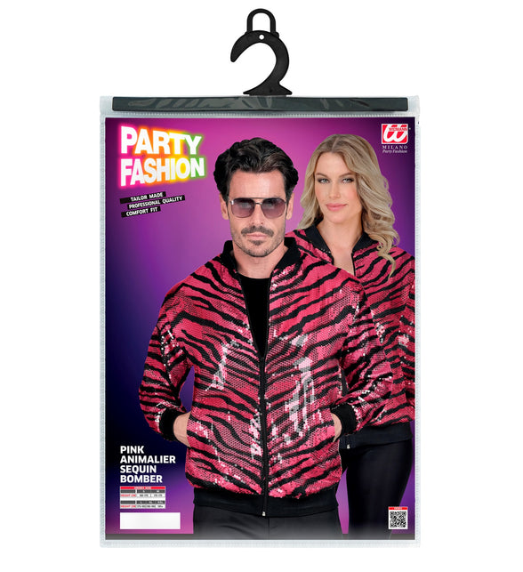 Roze gestreepte pailletten bomberjack achterkant - zebra glitterjas foute party