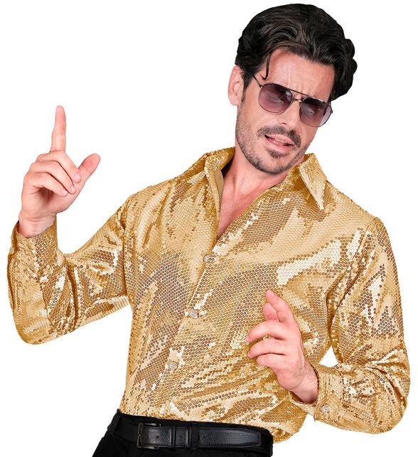 Paillettenshirt heren Ard goud - gouden glitter discoshirt met pailletten gedragen