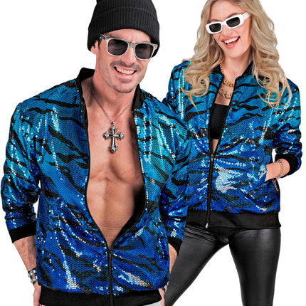 Pailletten bomberjas ocean blauw - blauwe glitterjack unisex disco carnaval
