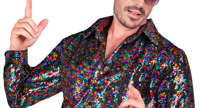 Paillettenshirt heren Marco meerkleurig - kleurrijk glitter discoshirt pailletten gedragen