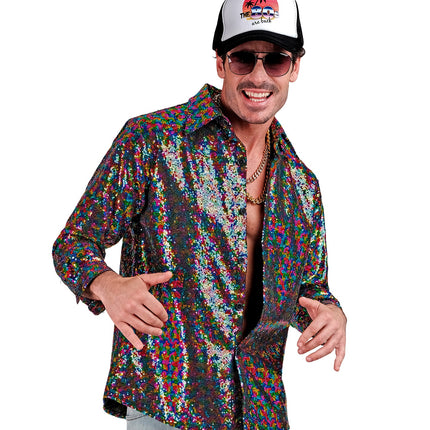 Meerkleurig paillettenshirt Marco heren detail - regenboog discoshirt glitter