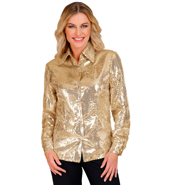 Gouden blouse pailletten dames - gouden glitter discoblouse met pailletten