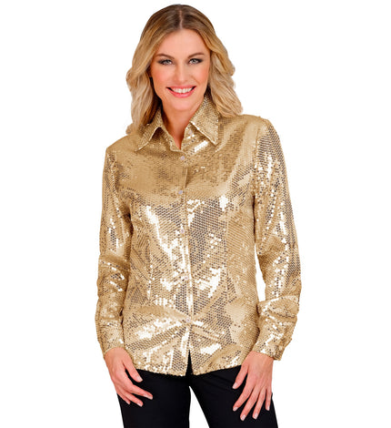 Gouden blouse pailletten dames - gouden glitter discoblouse met pailletten