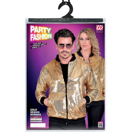 Gouden pailletten bomberjack achterkant - glitter jas foute party