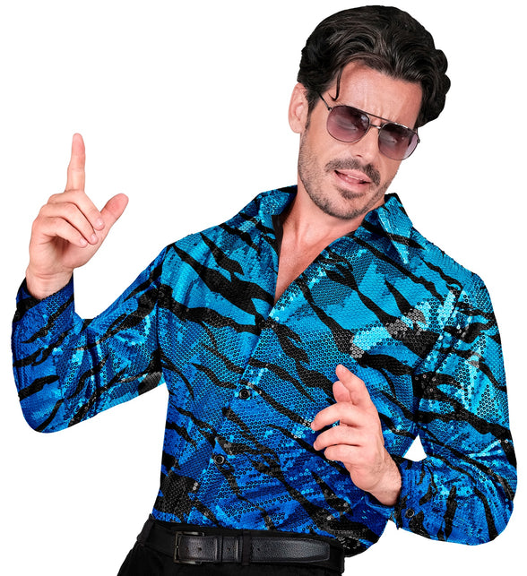 Paillettenshirt blauwe golven heren - glitter discoshirt met blauwe pailletten gedragen