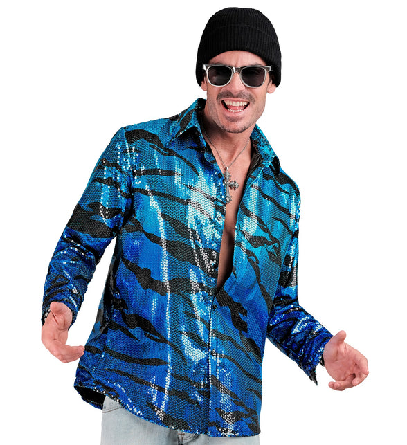 Blauwe golven paillettenshirt heren detail - glinsterend discoshirt glitter
