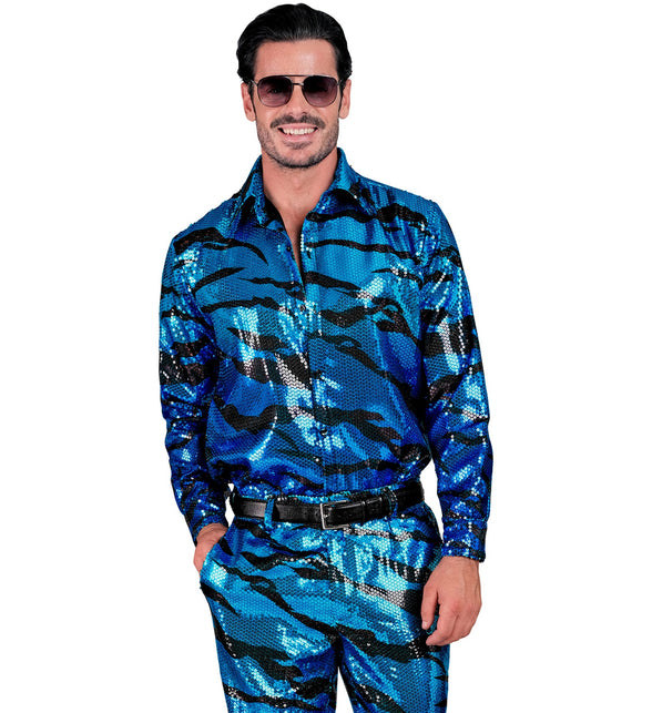 Pailletten discoshirt blauwe golven heren - glitter shirt foute party