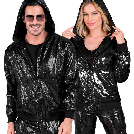 Zwarte pailletten bomberjas capuchon - glitter jack unisex foute party