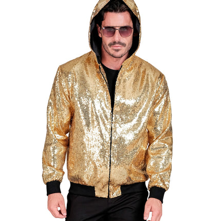 Gouden pailletten bomberjas met kap gedragen - glitter capuchonjas unisex