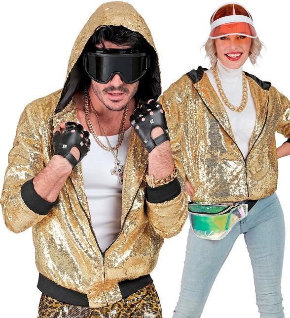 Gouden pailletten bomberjas met kap - glitter jack unisex carnaval disco