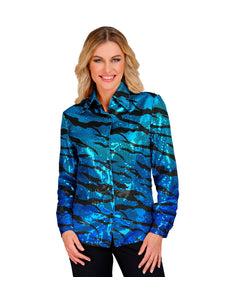 Paillettenshirt dames blauwe golven - glitter discoshirt met blauwe pailletten