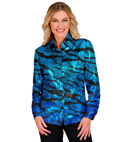 Paillettenshirt dames blauwe golven - glitter discoshirt met blauwe pailletten